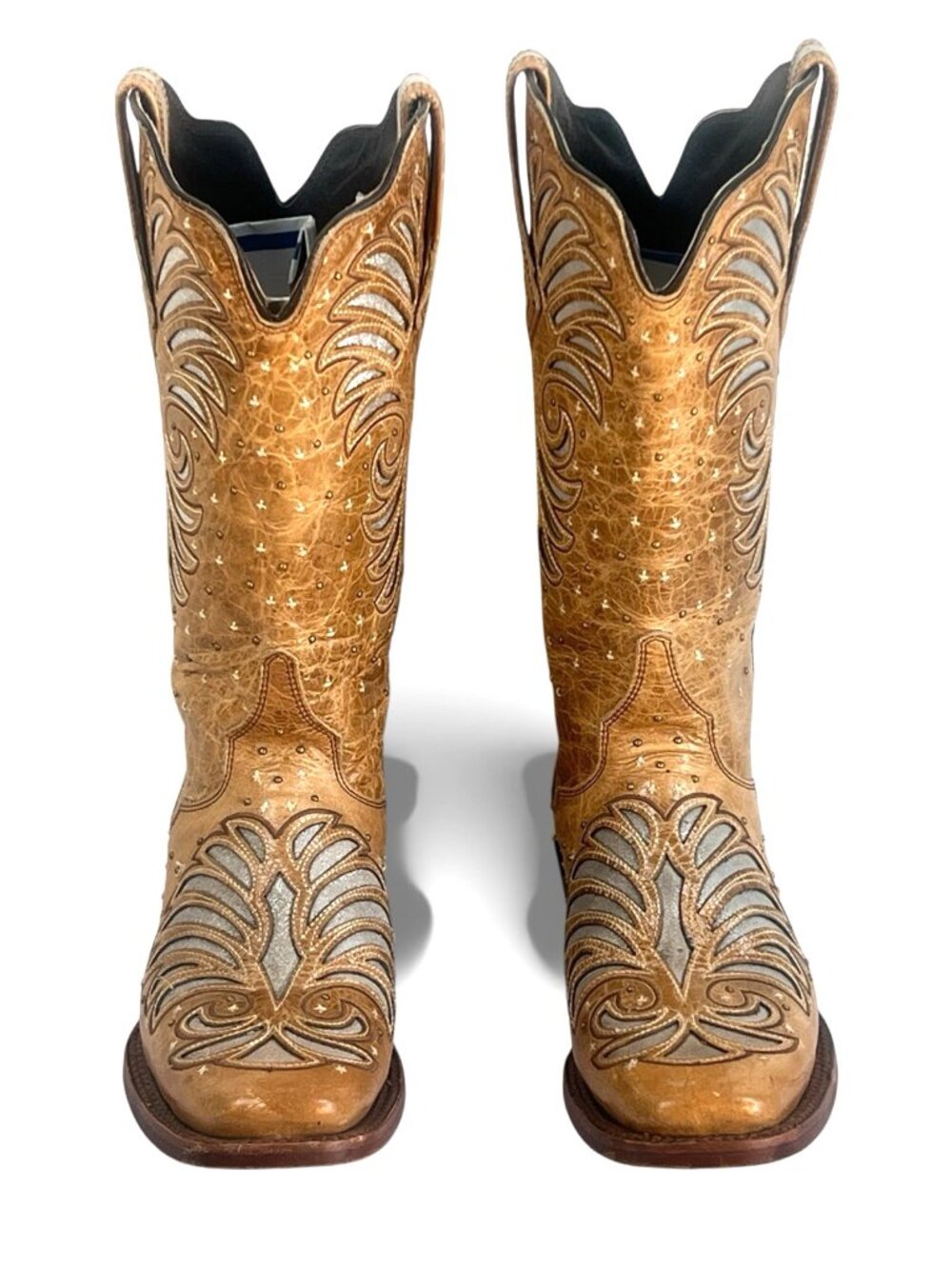 vtg J.B Dillon Beige Brown  Distressed Silver Sparkle Inlay Tall Boot, Size 9 B